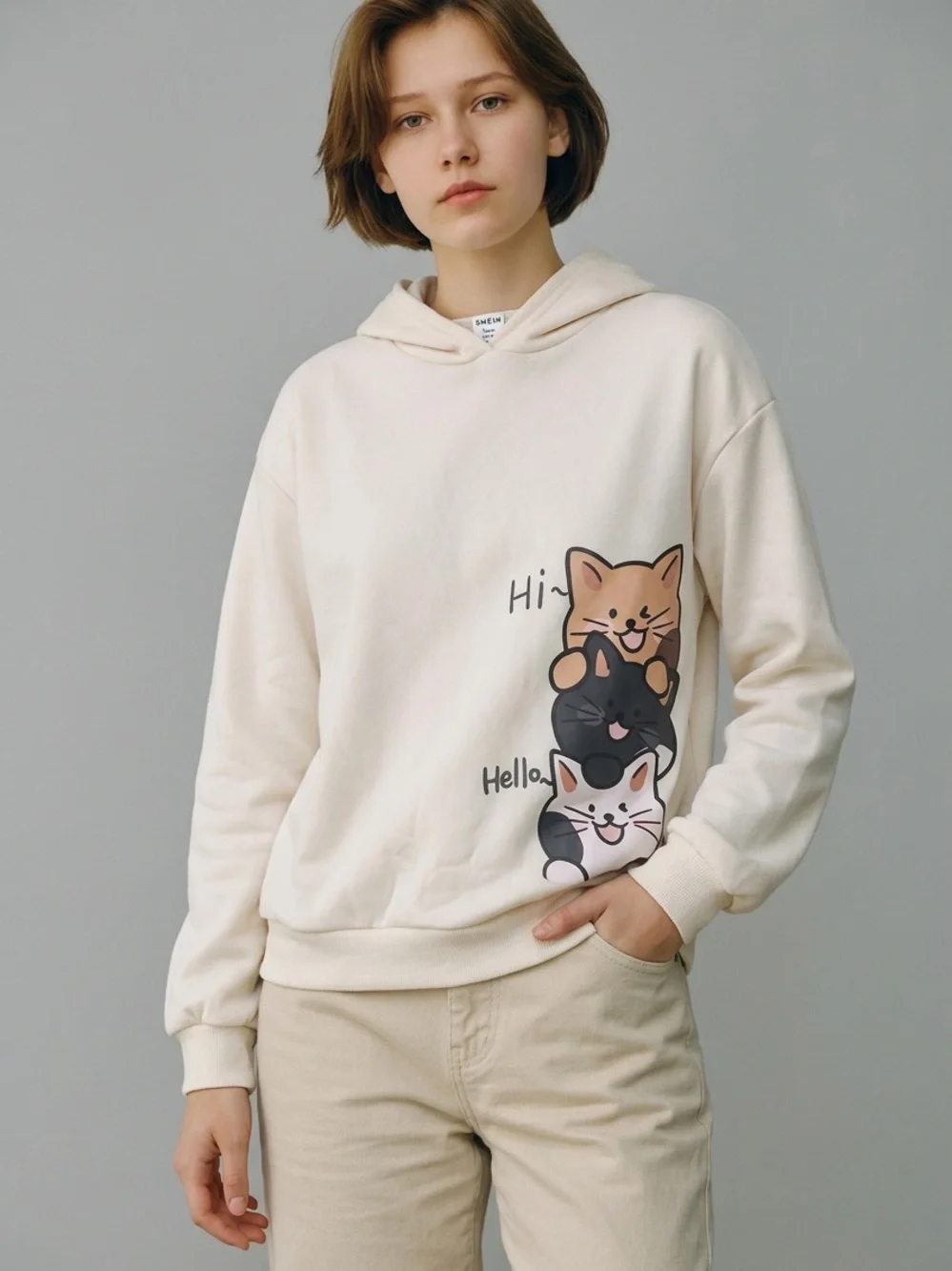 SHEIN Teen Cream Pullover Hoodie with Stacked Cat Print